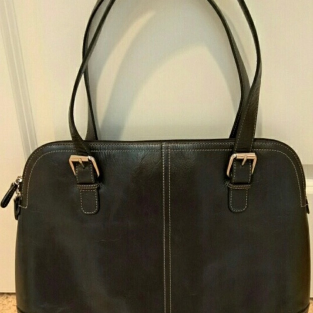 Fossil Black Leather Laptop Tote with Gold-Tone Buckles